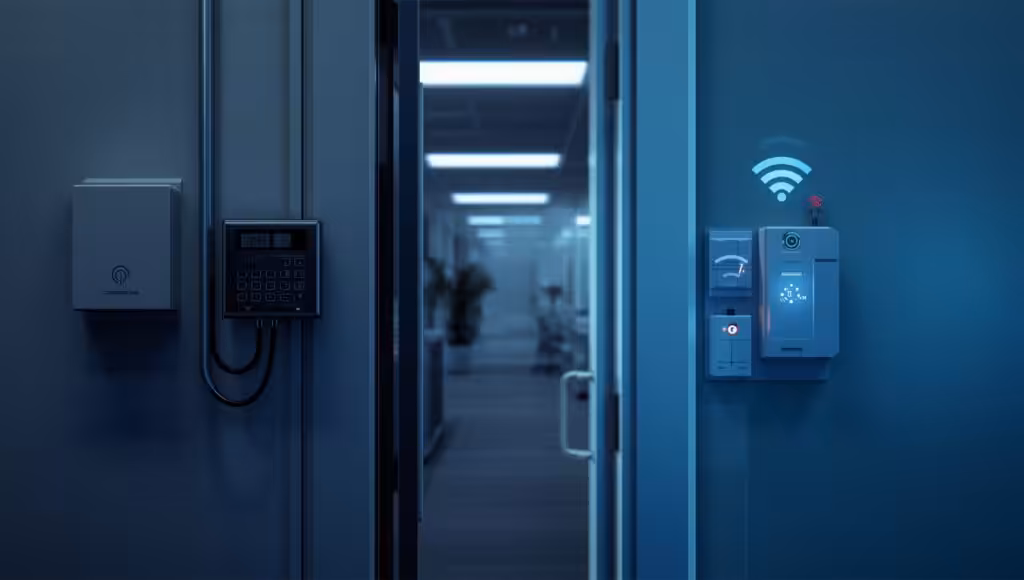 Wired and wireless intruder alarm systems installed at a commercial business site for professional security protection